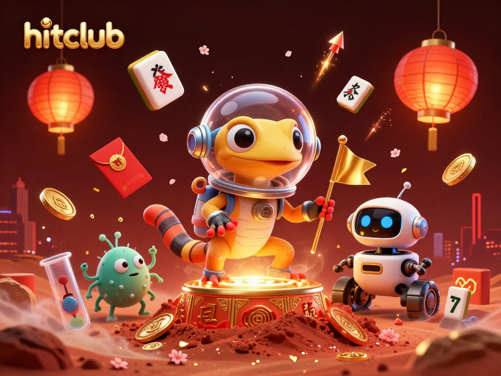 Hitclub showcases animated Martian gecko in a vibrant casino scene with gold elements.