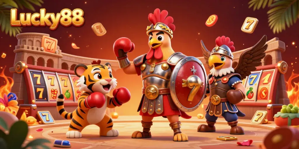 Engage with Lucky88 online casino through this dynamic 3D gladiator-themed illustration featuring gaming elements.