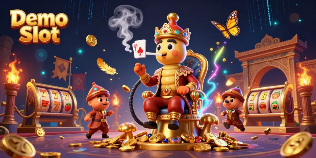 Engage with Demo Slot action featuring colorful slot symbols, gold coins, and a vibrant casino-themed scene
