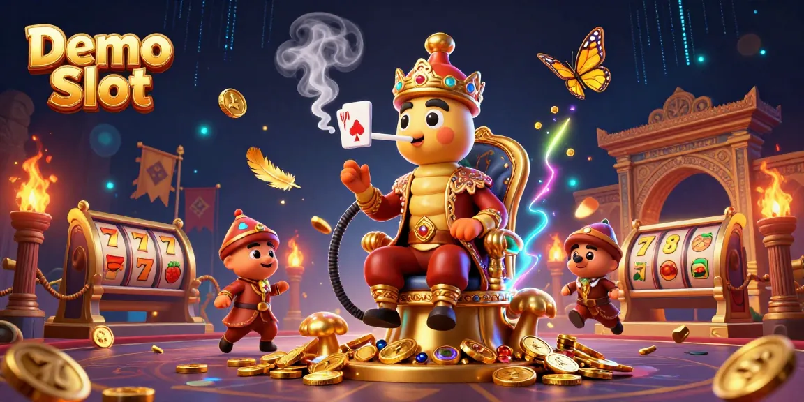 Engage with Demo Slot action featuring colorful slot symbols, gold coins, and a vibrant casino-themed scene