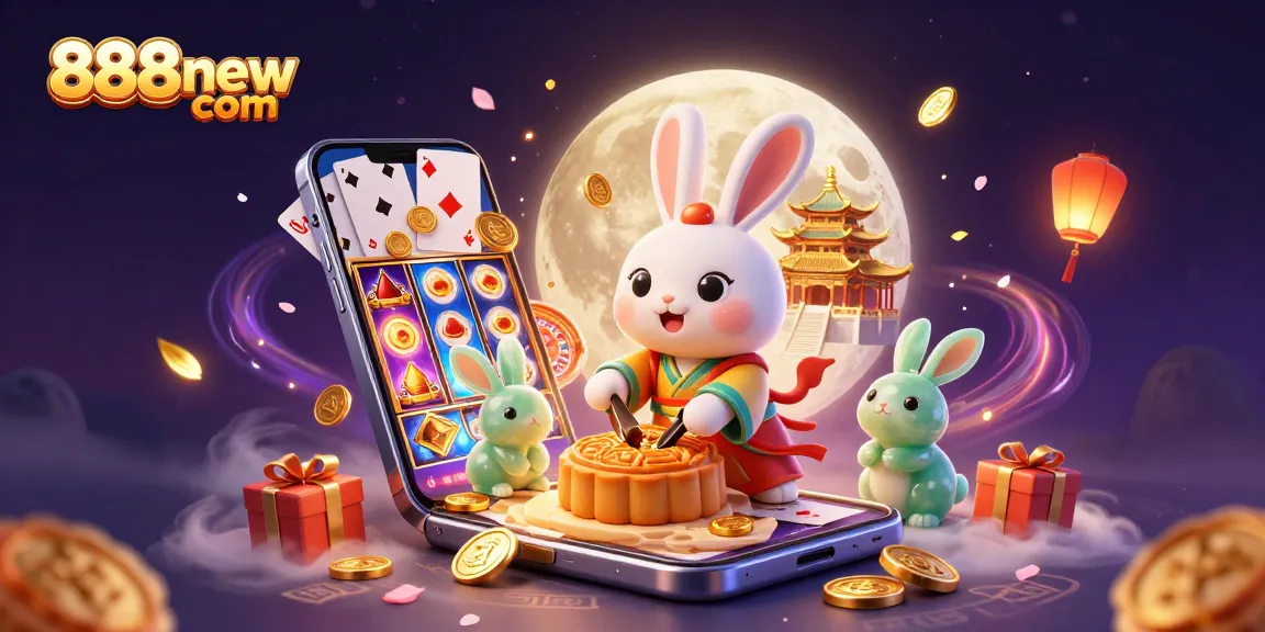 Experience fun with 888new com, featuring a lively 3D illustration of casino elements and characters.