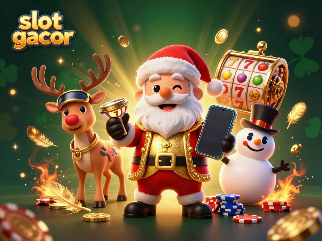 Experience slot gacor excitement with Santa and friends celebrating jackpot wins in a vibrant casino scene.