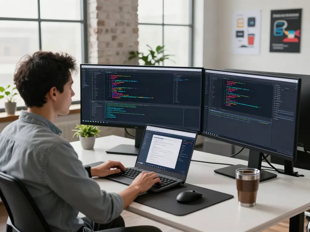 Developer using v2rayN in a modern workspace with multiple screens and tech elements.