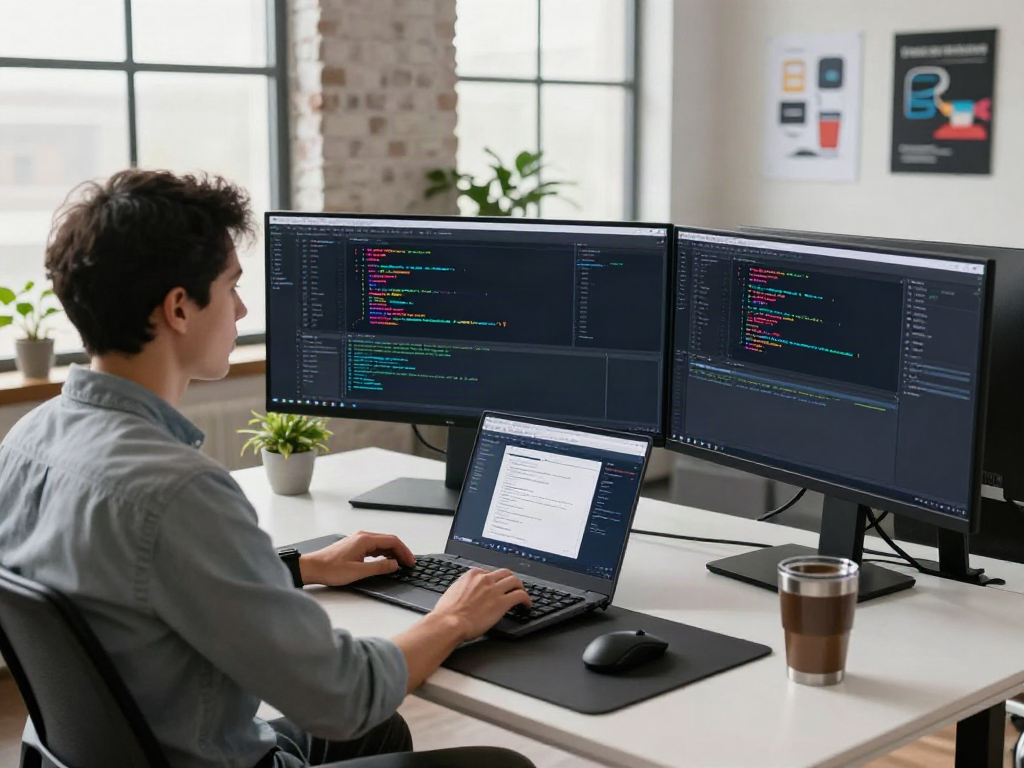 Developer using v2rayN in a modern workspace with multiple screens and tech elements.