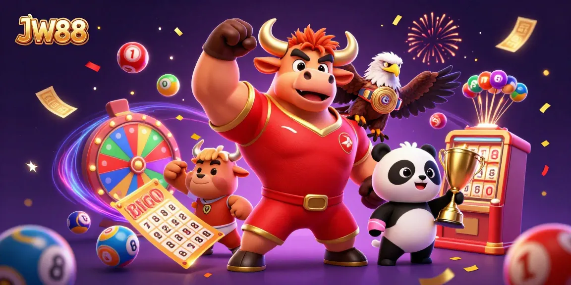 Engage with the exciting world of JW88 casino, featuring a lively 3D bull mascot and vibrant game elements.