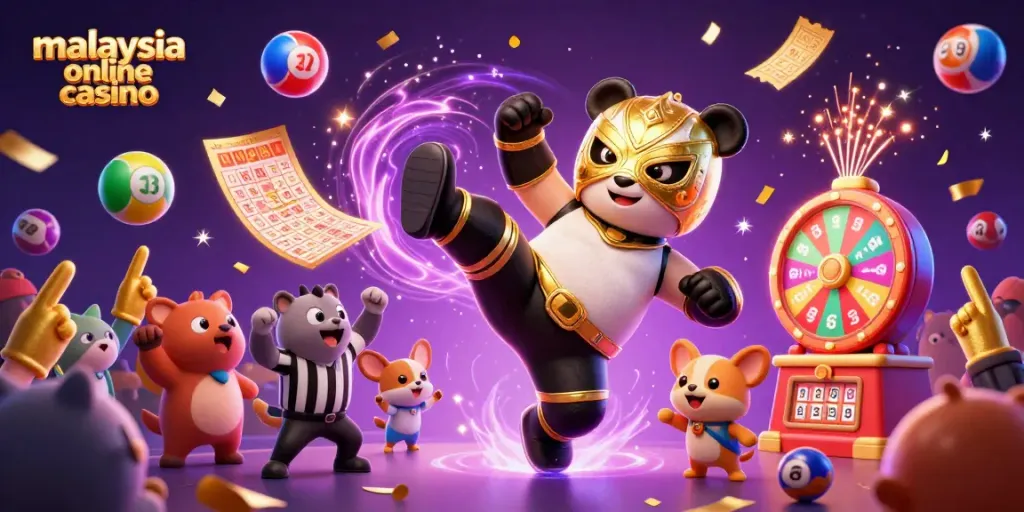 Exciting scene from a malaysia online casino with a panda wrestler, referee, and vibrant gambling elements.