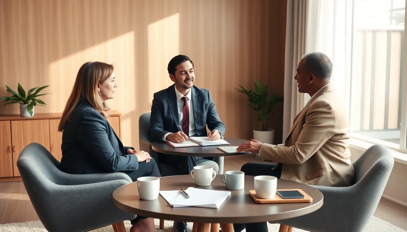 Mediation session fostering dialogue between parties in a bright, professional setting.