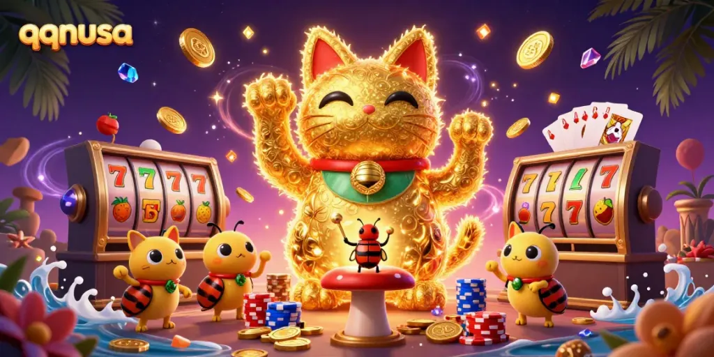 Experience winnings with qqnusa's vibrant lucky cat and colorful casino symbols illustration.