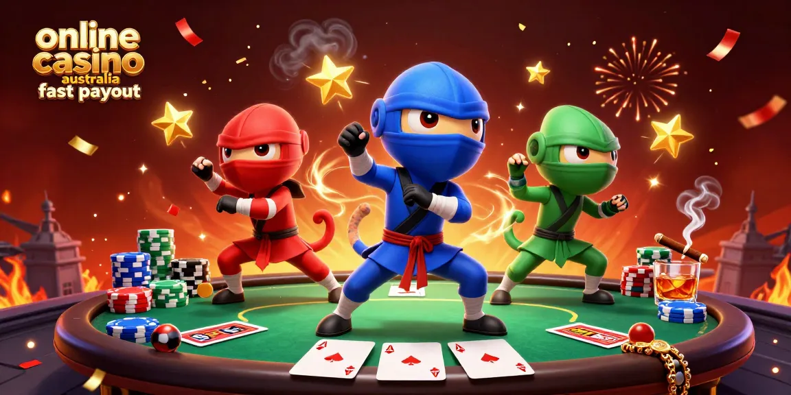 Experience the excitement of online casino Australia fast payout with vibrant 3D chameleon ninjas and poker elements.