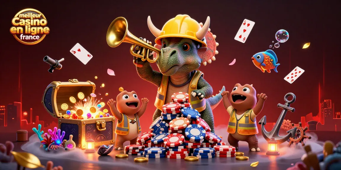 Illustration colorée mettant en scène le meilleur casino en ligne en France avec des personnages préhistoriques et des éléments de jeux.