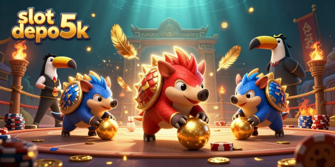 Menangkan slot depo 5k dengan pangolin bersaing di arena, dikelilingi oleh koin emas dan efek cahaya.