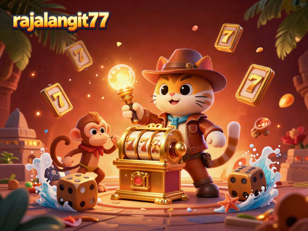 Mencari keajaiban slot online di RAJALANGIT77 dengan ilustrasi ceria kucing arkeolog dan monyet membawa obor.