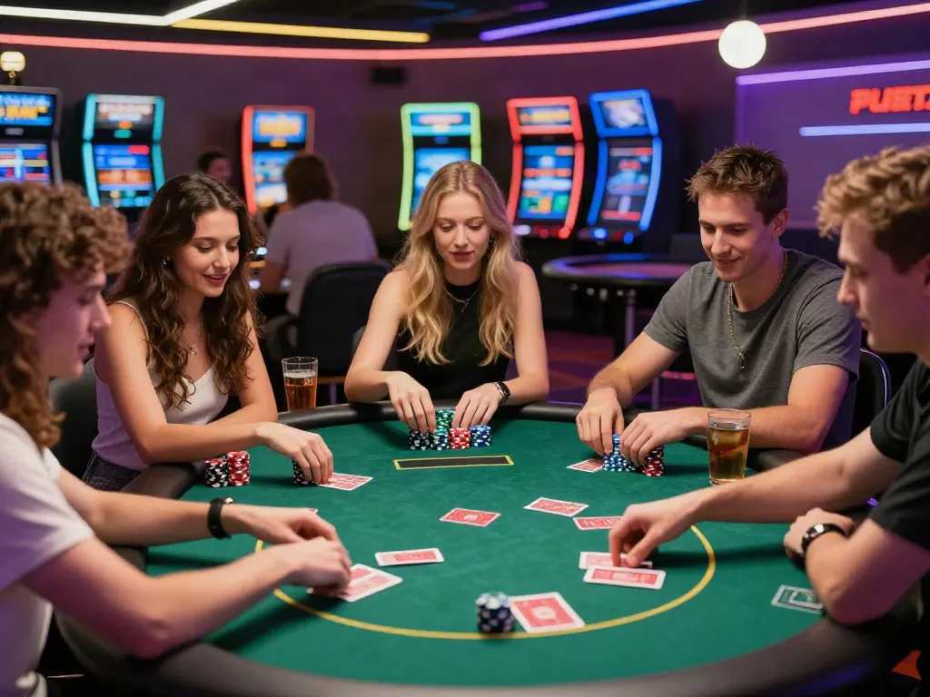 Friends enjoying poker at a lively casino, showcasing camaraderie and the excitement of ahha4d gaming.