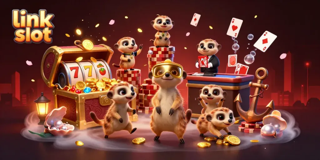 Experience the excitement of link slot games in a vibrant meerkat casino scene with lucky symbols.