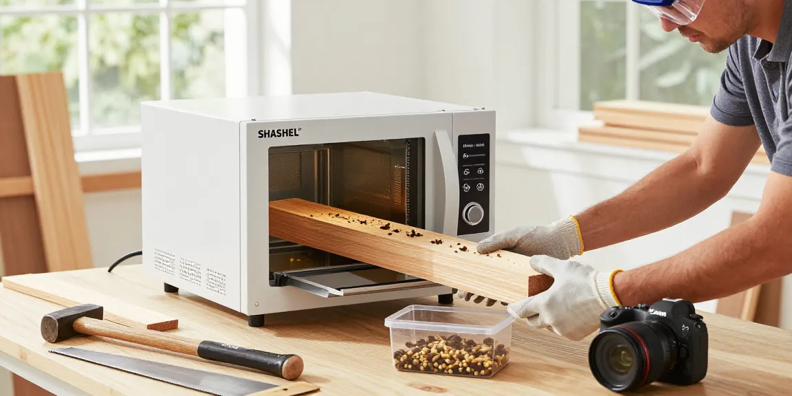 Efficient SHASHEL® microwave wood treatment in action, technician demonstrating pest elimination.
