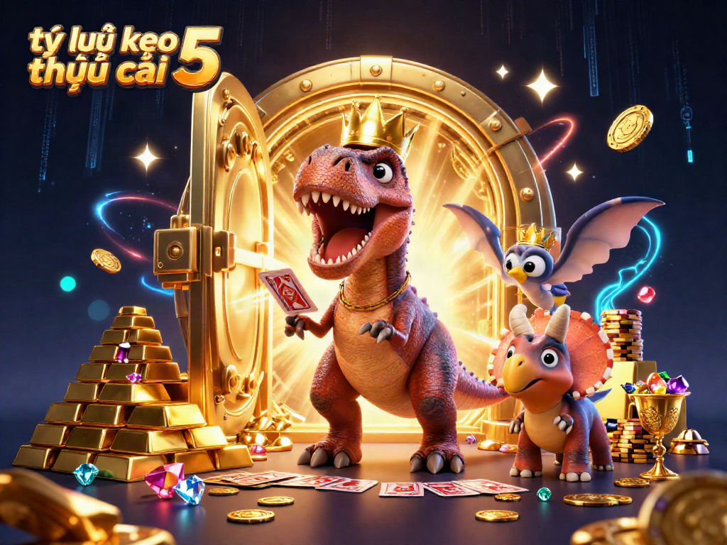 Experience the thrilling tỷ lệ kèo nhà cái 5 action with a T-Rex, pterodactyl, and triceratops in an energetic casino scene.