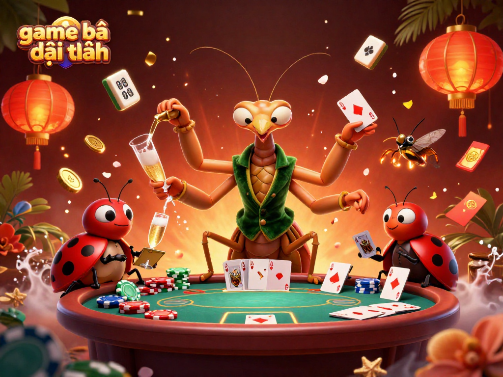 Experience thrilling moments in game bài đổi thưởng with a giant praying mantis and vibrant poker elements.