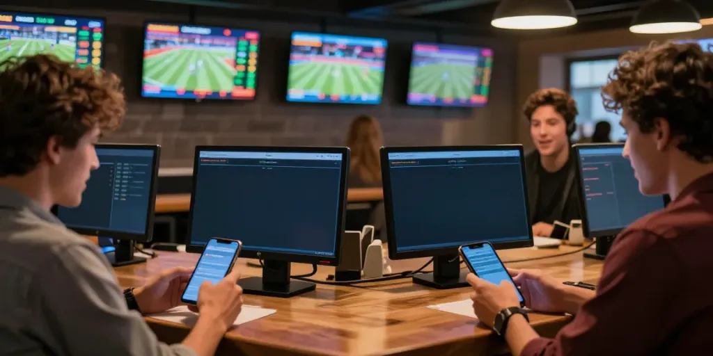 Engaged participants using WWBOLA in a lively sports bar for betting.