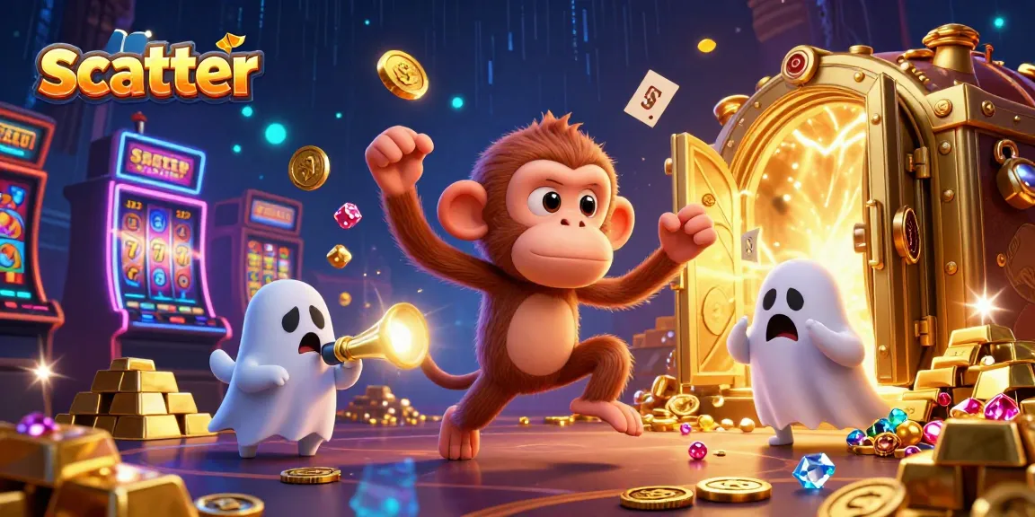 Engage in scatter-filled action with a poltergeist monkey juggling in a vibrant casino scene.
