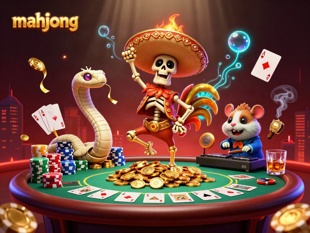 Engage in mahjong gaming with lively 3D cartoon characters amidst vibrant casino elements.