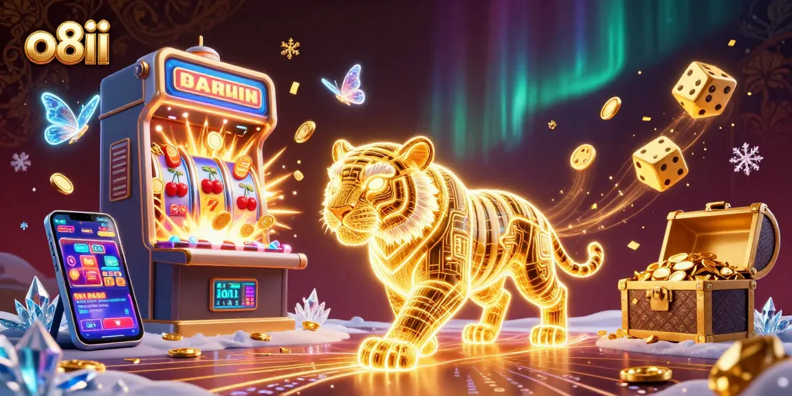 Engage in thrilling gameplay at o8ii's vibrant casino, featuring a neon tiger amidst dazzling slot jackpots.
