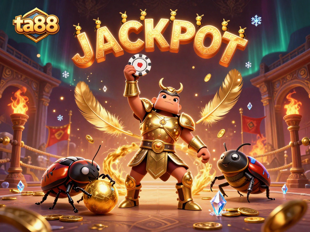 ta88 celebrates a victorious poker beetle in a vibrant casino scene filled with gold tokens and firefly jackpots.