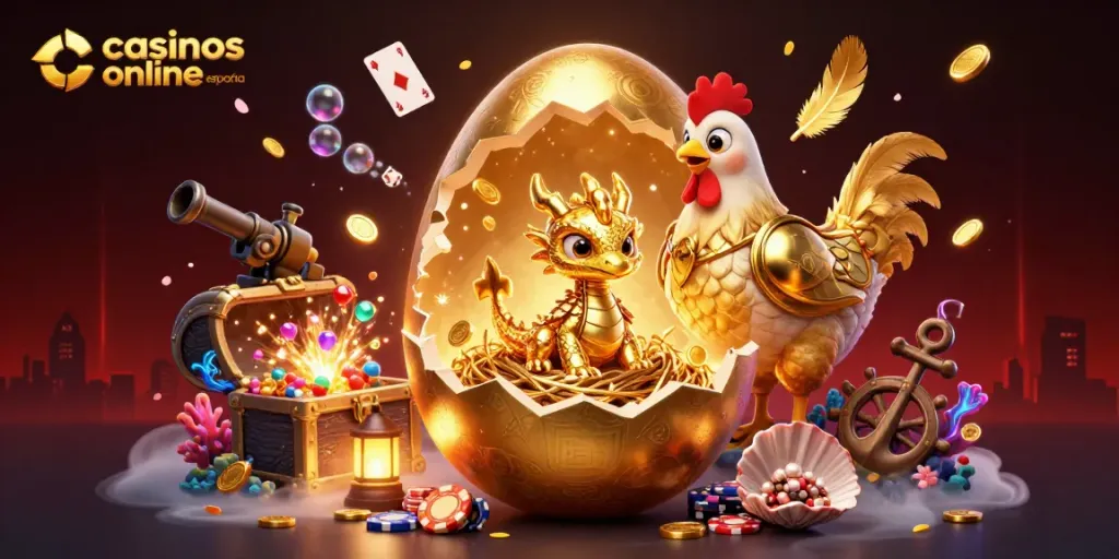 Gana grandes premios en casinos online España con un dragón dorado y fichas de póker brillantes.