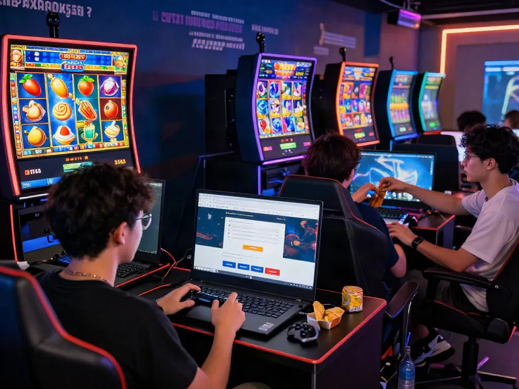Engaging gaming scene highlighting slot gacor maxwin with enthusiastic players at vibrant online slot machines and easy access features.