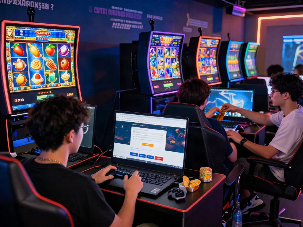 Engaging gaming scene highlighting slot gacor maxwin with enthusiastic players at vibrant online slot machines and easy access features.
