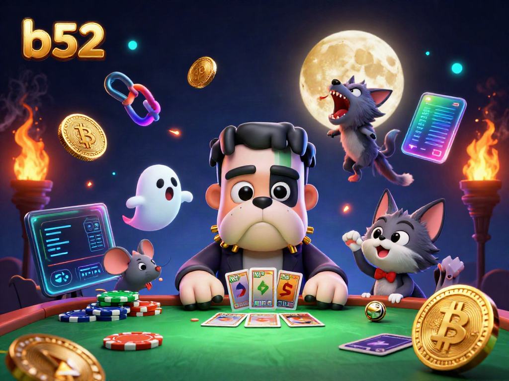 Engaging b52 casino scene featuring a Frankenstein bulldog dealing cards amidst crypto elements.