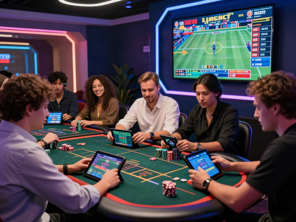 Engaging scene showcasing 먹튀스팟 검증사이트 with diverse players at a vibrant online gambling venue.