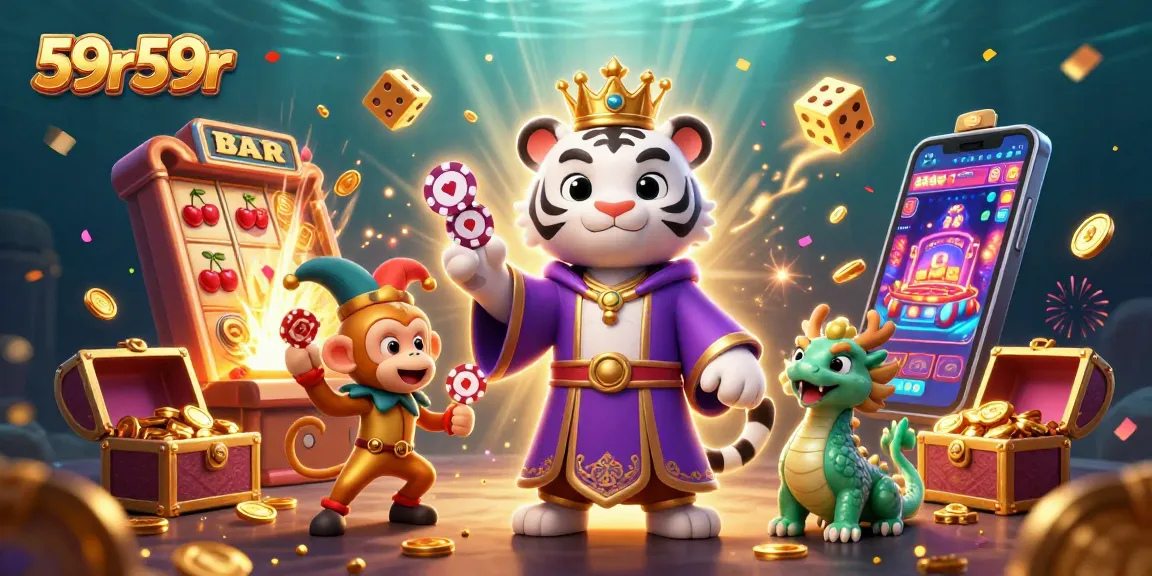 Experience the thrill of wins at 59r59r with a vibrant casino-themed 3D illustration and lively characters.