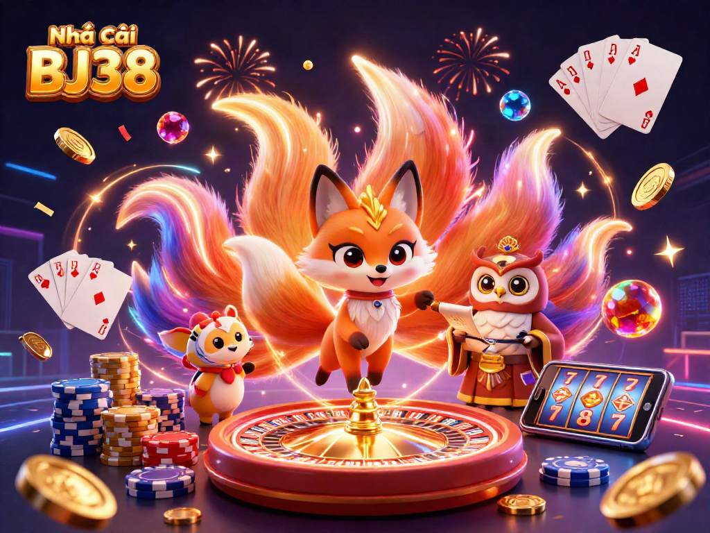 Experience thrilling gameplay at Nhà cái BJ38 with a vibrant 3D casino illustration showcasing animated characters and sparkling gems.