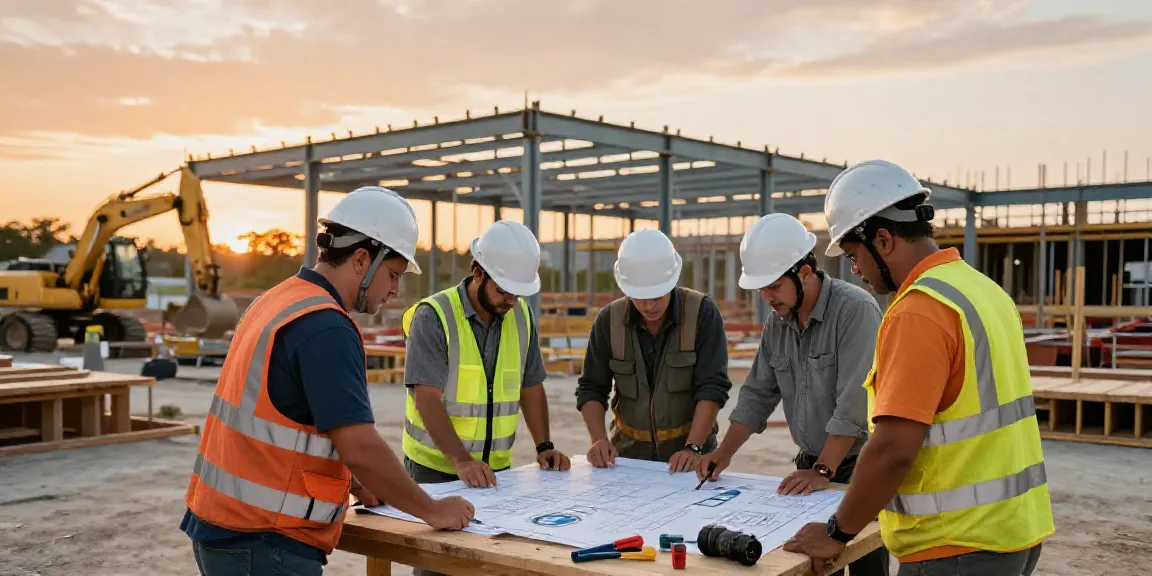 Southern Maine’s commercial builder team collaborating on construction site at sunset.