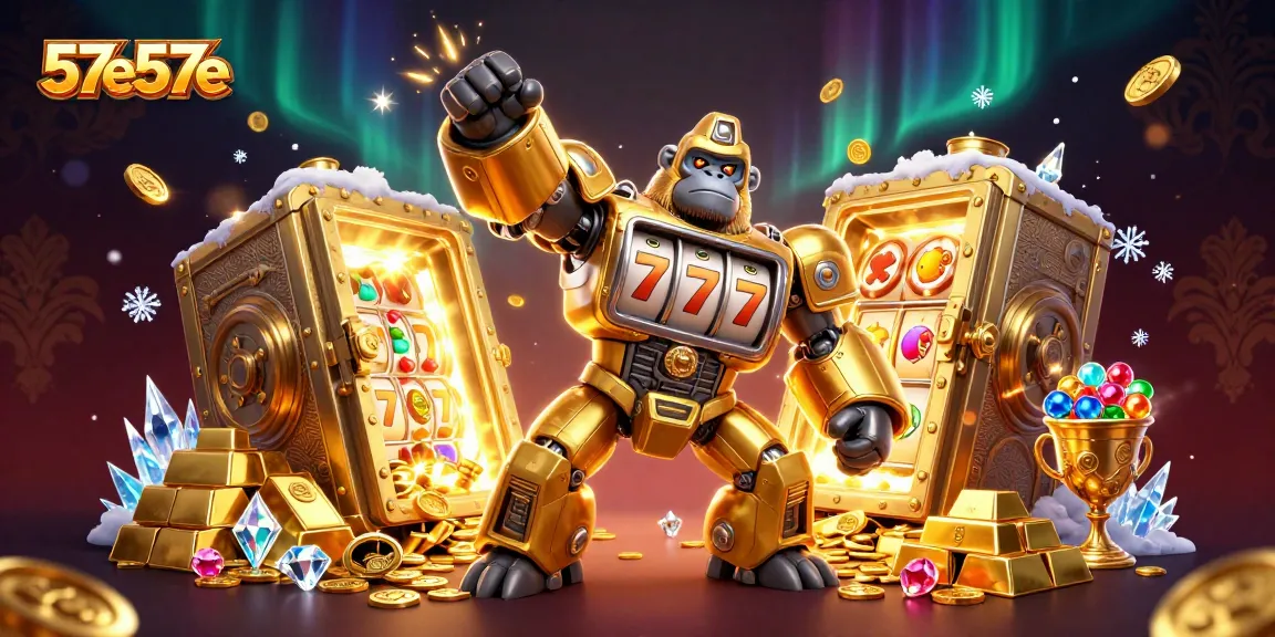 57e57e em cena de jackpot de cassino com gorila mecânico e tesouros explodindo.