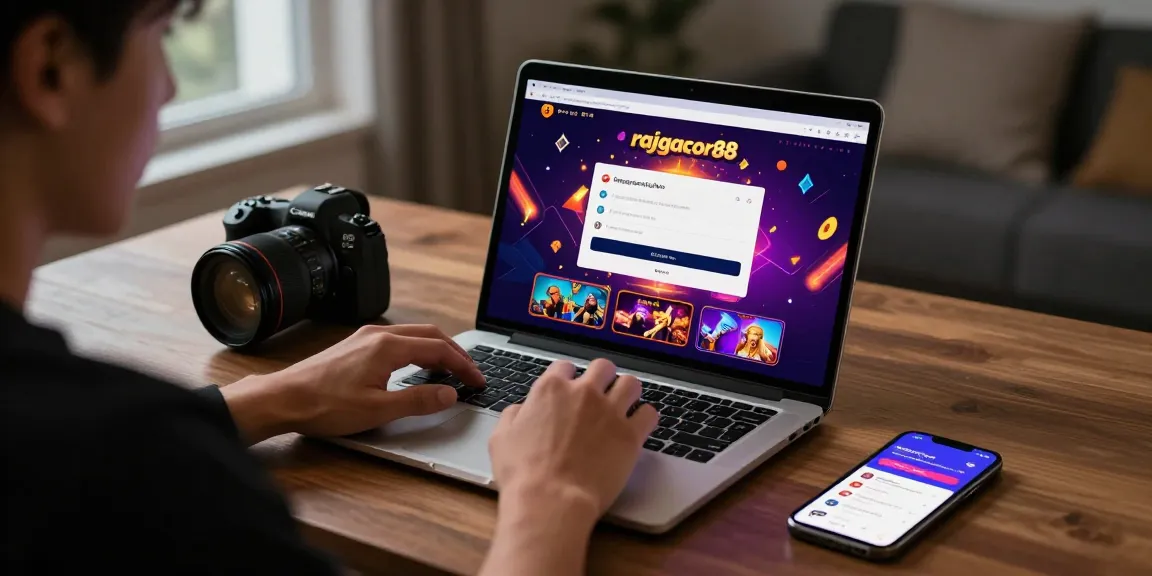 User interacting with Rajagacor88 platform on laptop showcasing login options and vibrant interface.