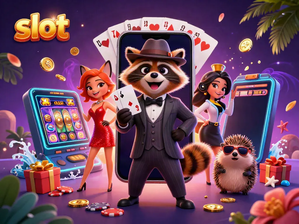 Slot menggoda dengan rakun gentleman memegang royal flush dan pasangan rubah di piyama meriah.