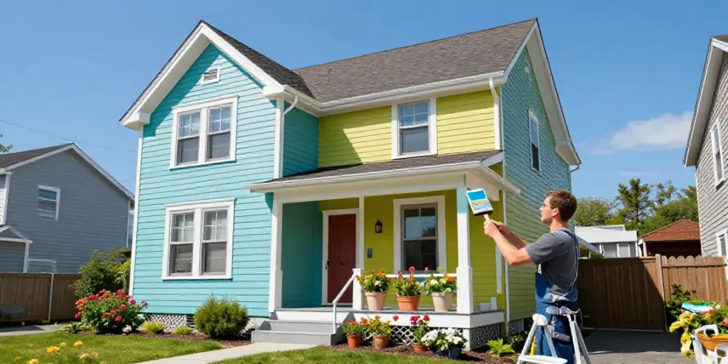 Innovation Painting Portland ME: Expert painter applying vibrant exterior paint to a charming home in Portland, enhancing curb appeal.