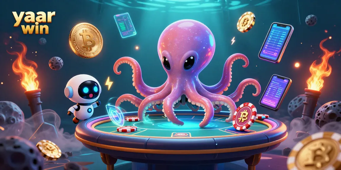 Engage in thrilling games at yaar win with a vibrant 3D casino illustration featuring a galactic octopus and crypto elements.