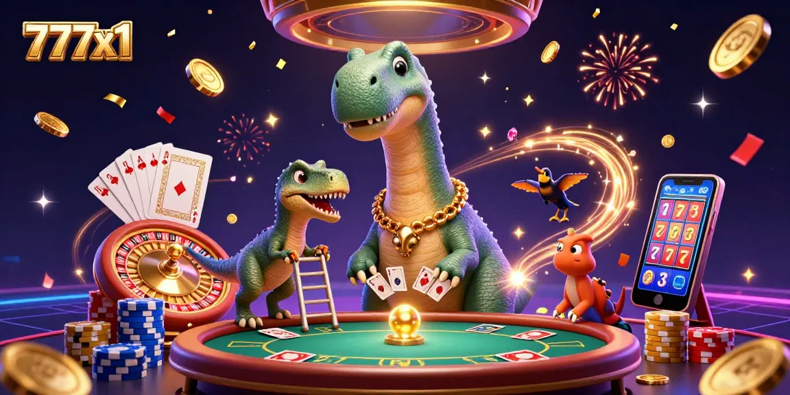 Experience thrilling gaming moments with 777x1 in this vibrant casino-themed 3D illustration.