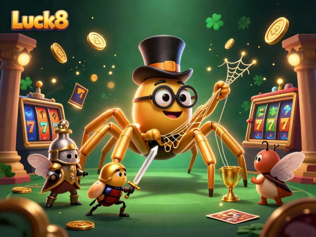 Experience Luck8's thrilling casino adventure with a giant golden tarantula and brave beetle knight.