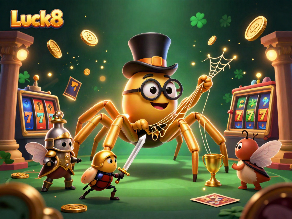 Experience Luck8's thrilling casino adventure with a giant golden tarantula and brave beetle knight.