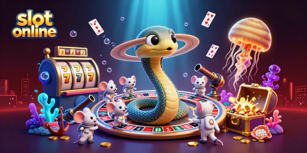 Engage with captivating slot online action featuring vibrant characters amidst a cosmic casino scene.