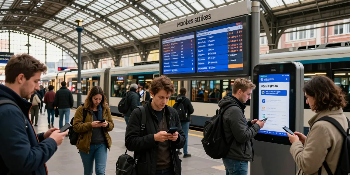 Commuters using an app to check public strikes at a busy train station.