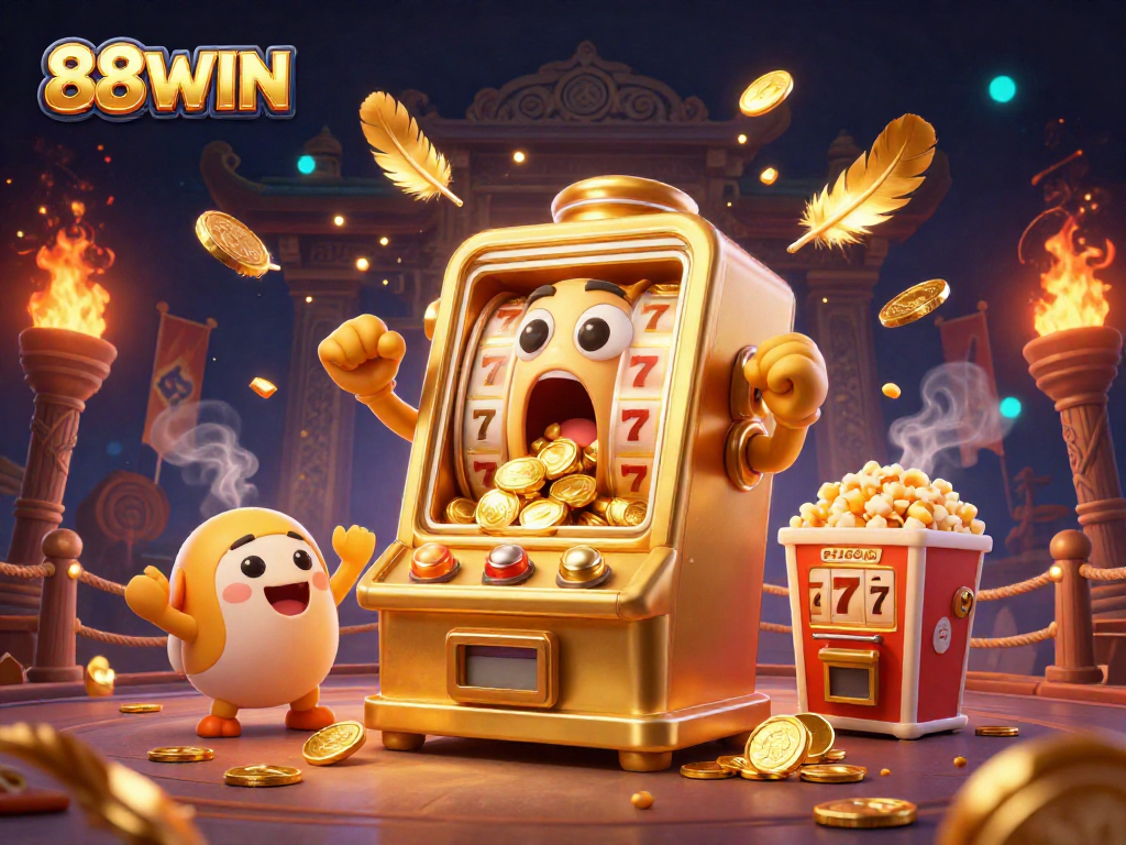 88WIN slot machines hit the jackpot with golden coins pouring out, celebrating an exciting casino scene.