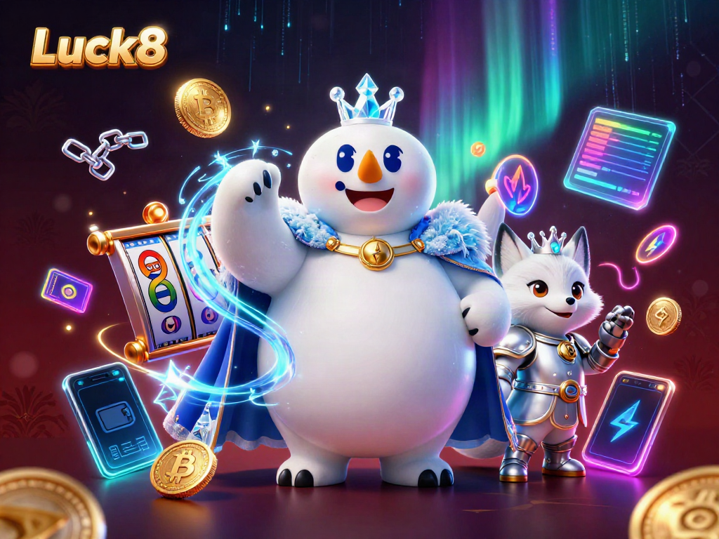 Enjoy immersive gaming with Luck8 in this vibrant casino-themed 3D illustration.