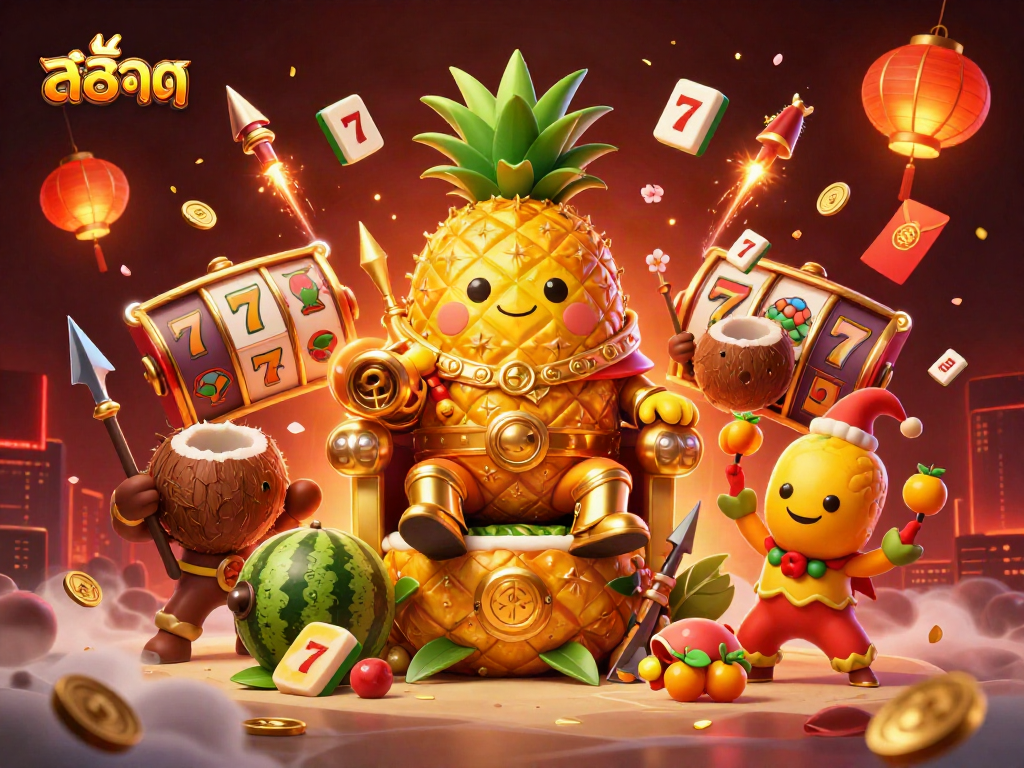 Experience excitement with สล็อต gaming, featuring a vibrant scene with a pineapple king amidst dynamic casino elements.