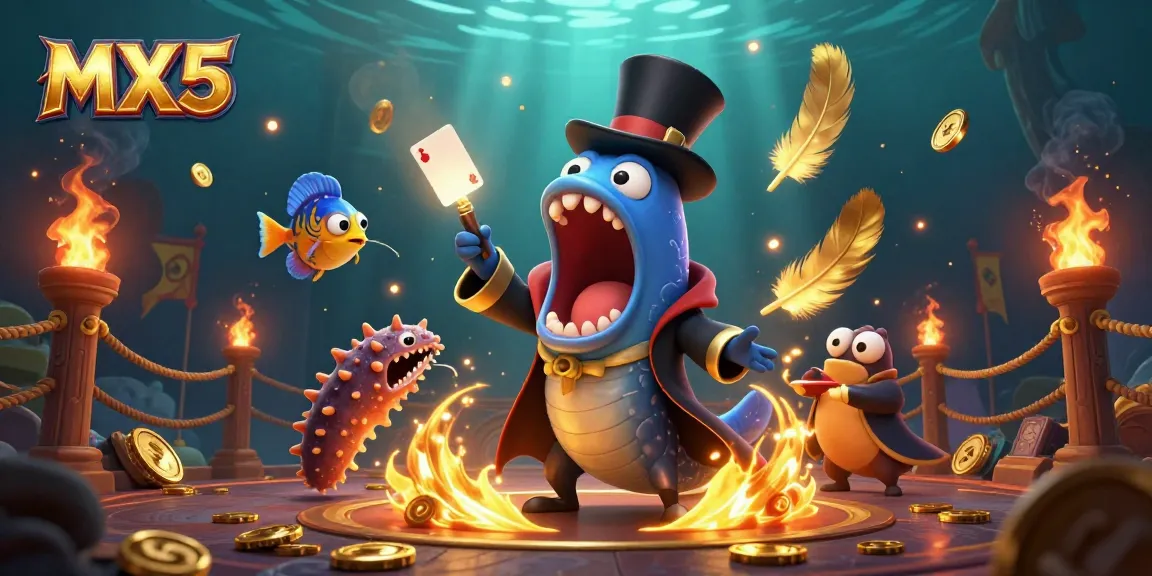 Engage with the magic of MX5 casino featuring an eel performing card tricks amidst vibrant gambling elements.