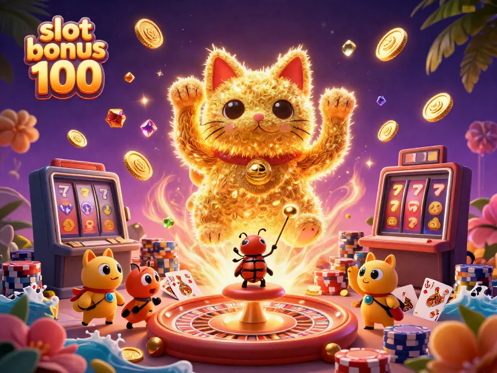 Experience slot bonus 100 rewards in this vibrant 3D casino illustration with golden symbols and lucky elements.