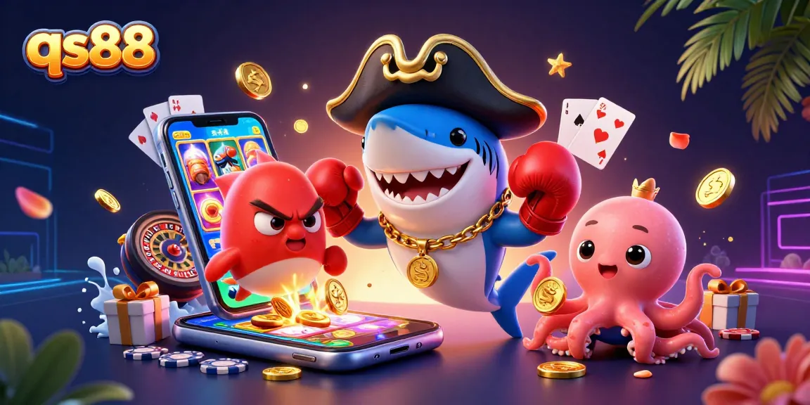 Experience thrilling gold coin wins at qs88 with our lively 3D casino characters, featuring a playful shark and octopus.